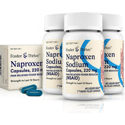 Foster and Thrive Naproxen Sodium 220mg Liquid Gels front packaging showing three bottles for long lasting pain relief