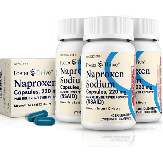 Foster and Thrive Naproxen Sodium 220mg Liquid Gels front packaging showing three bottles for long lasting pain relief