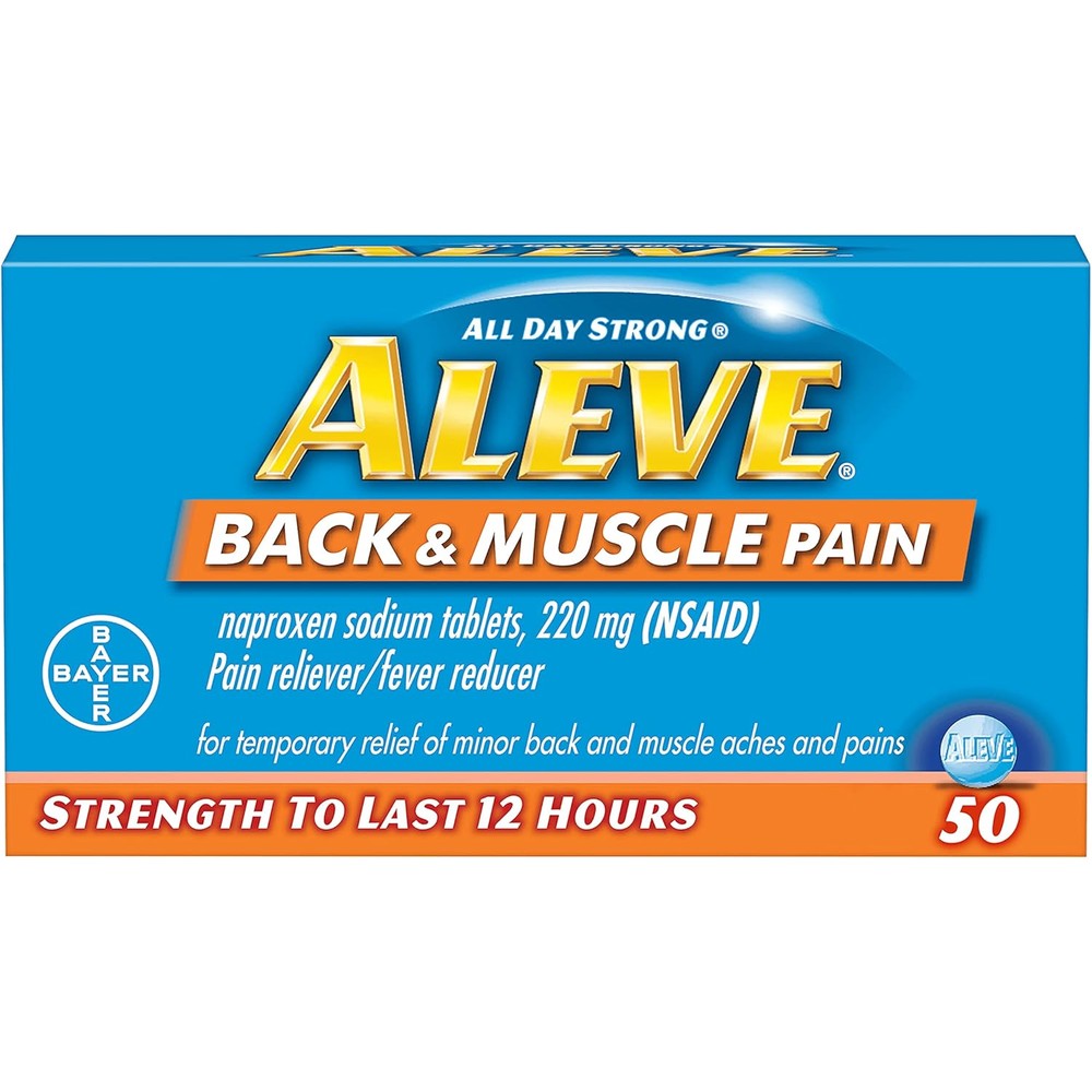 Aleve back and muscle pain tablets front view packaging showing three bottles of 50 count pain relievers