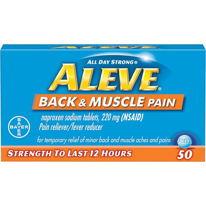 Aleve back and muscle pain tablets front view packaging showing three bottles of 50 count pain relievers