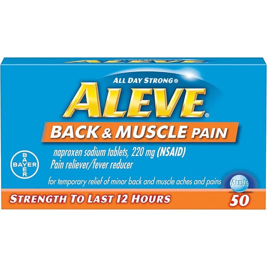 Aleve back and muscle pain tablets front view packaging showing three bottles of 50 count pain relievers