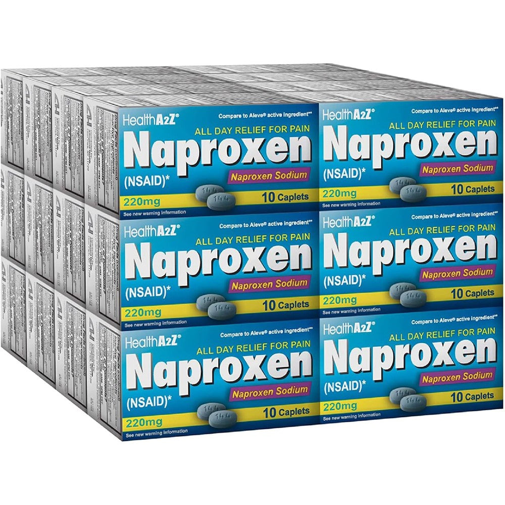 HealthA2Z Naproxen Sodium 220mg front view showing the value package of all-day pain relief caplets.