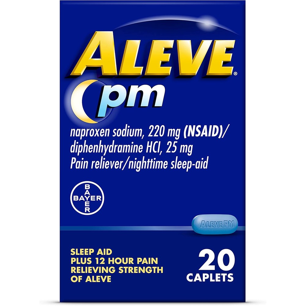 Aleve PM pain relief and nighttime sleep aid twenty count front box view