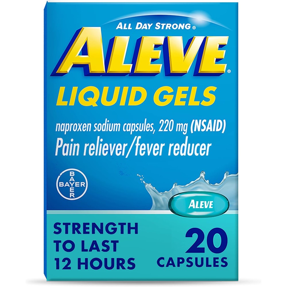 Aleve Pain Reliever Liquid Gels 20 Count front packaging view for long lasting muscle and headache relief
