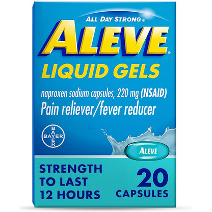 Aleve Pain Reliever Liquid Gels 20 Count front packaging view for long lasting muscle and headache relief