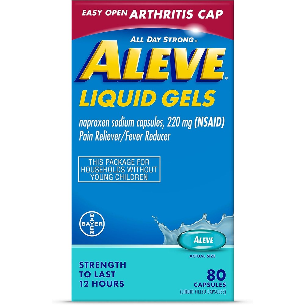 Aleve Arthritis Pain Relief Liquid Gels 80 Count front packaging displaying the easy open cap.
