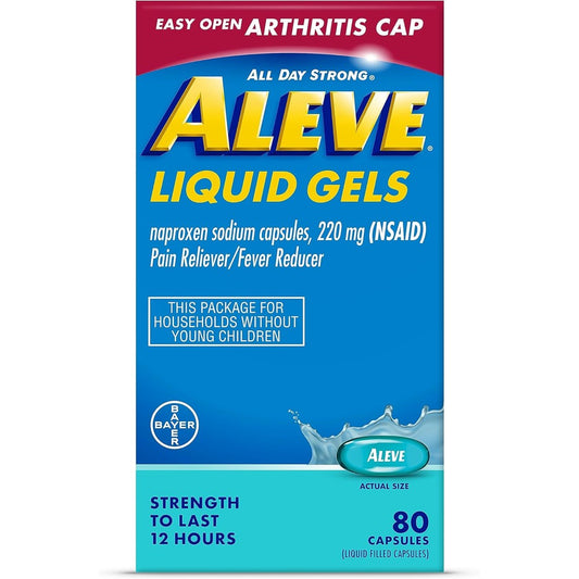 Aleve Arthritis Pain Relief Liquid Gels 80 Count front packaging displaying the easy open cap.