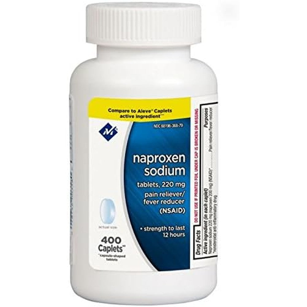 Member's Mark Naproxen Sodium 220mg 400 caplets front view bottle for long-lasting 12 hour pain relief.