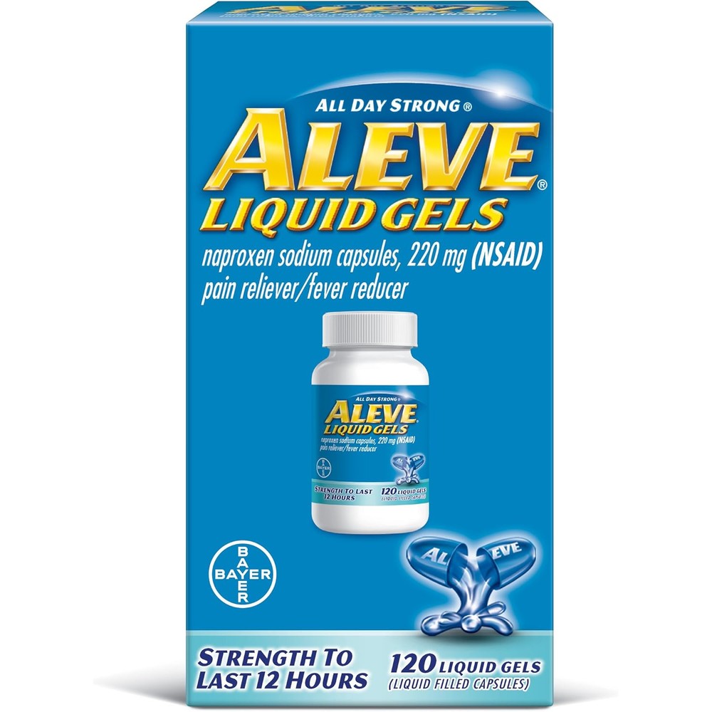 Aleve Naproxen Sodium Liquid Gels 120 Count front packaging for fast pain relief