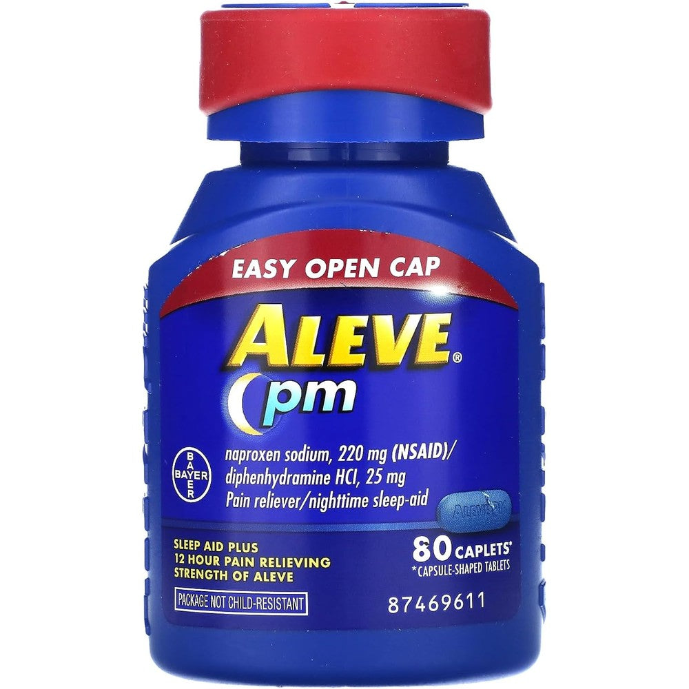 Aleve PM Pain Reliever and Nighttime Sleep Aid 80 Caplets front packaging bottle