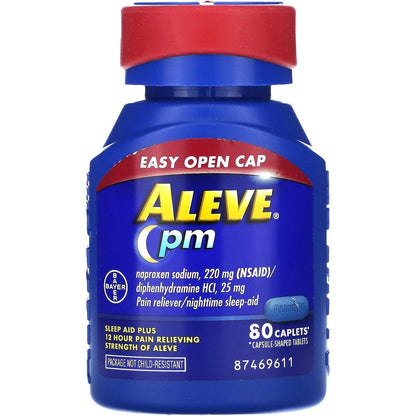 Aleve PM Pain Reliever and Nighttime Sleep Aid 80 Caplets front packaging bottle