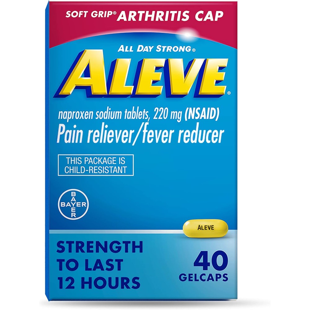 Bayer Aleve Gelcaps 40 Count front view bottle packaging for long lasting pain relief