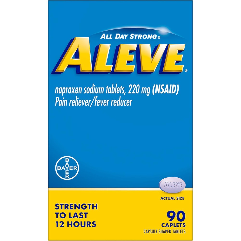 Aleve Naproxen Sodium 220 mg 90 caplets front bottle view for authentic pain relief