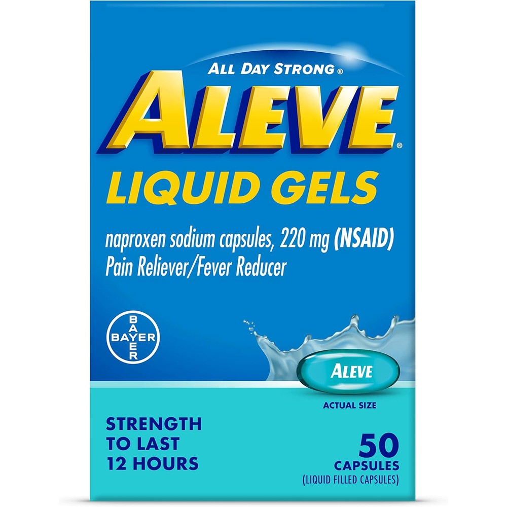 Aleve Liquid Gels fifty count bottle front view showing original USA packaging