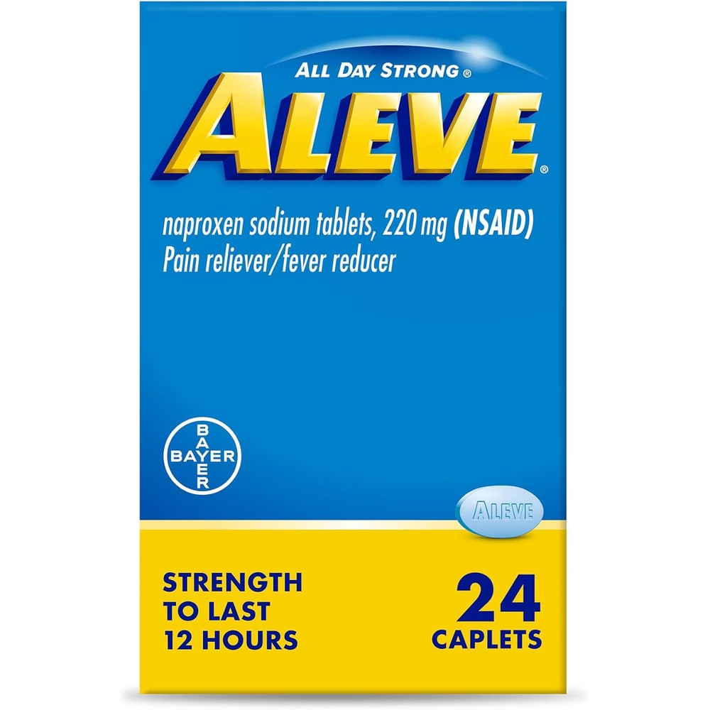 Aleve Pain Relief Naproxen Sodium 24 Count front box view for long lasting relief