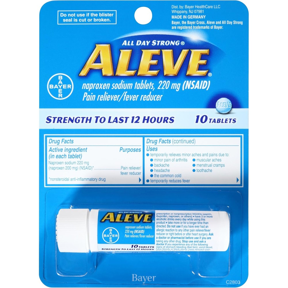 Aleve Naproxen Sodium 220 Milligrams 10 Count front view travel size blister pack for fast acting pain relief