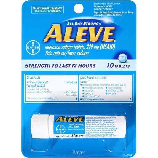 Aleve Naproxen Sodium 220 Milligrams 10 Count front view travel size blister pack for fast acting pain relief