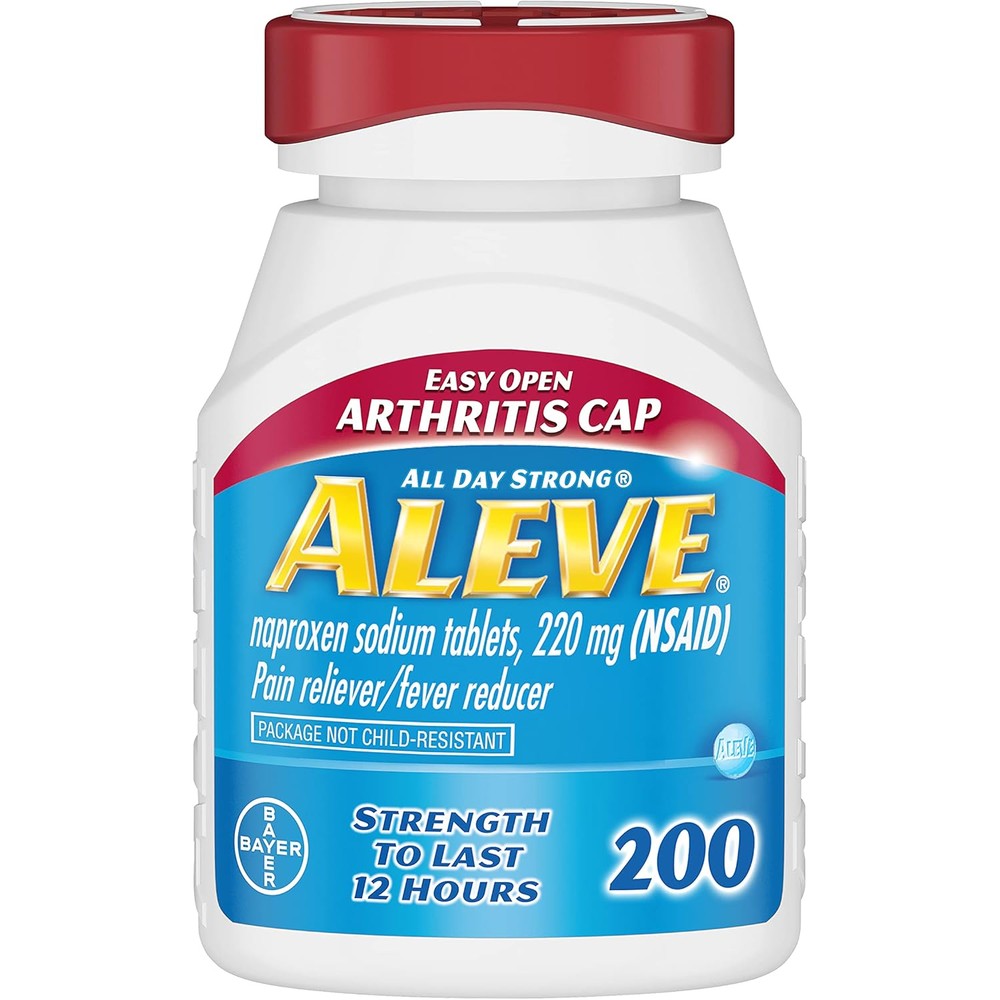 Aleve Naproxen Sodium pain reliever twin pack front view showcasing two bottles of two hundred caplets each