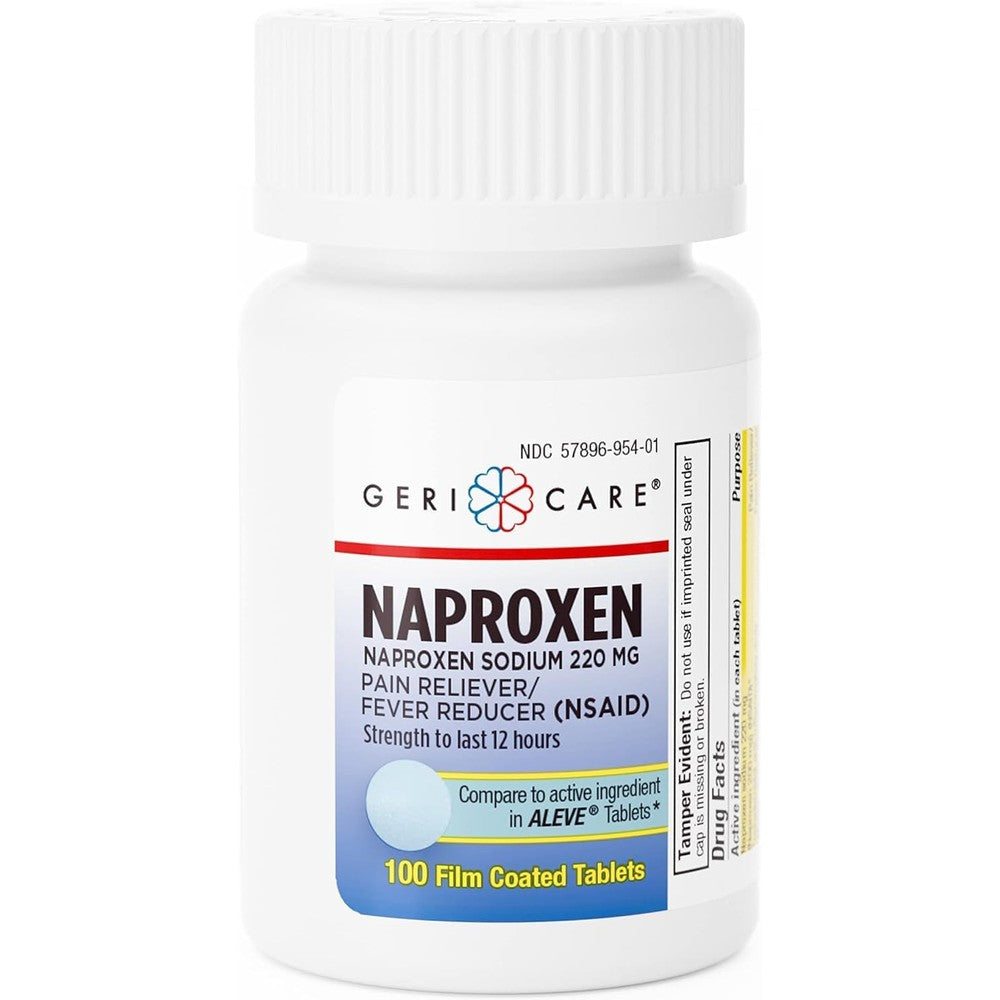 GeriCare Naproxen Sodium 220mg 100 count bottle front view showing pain relief benefits