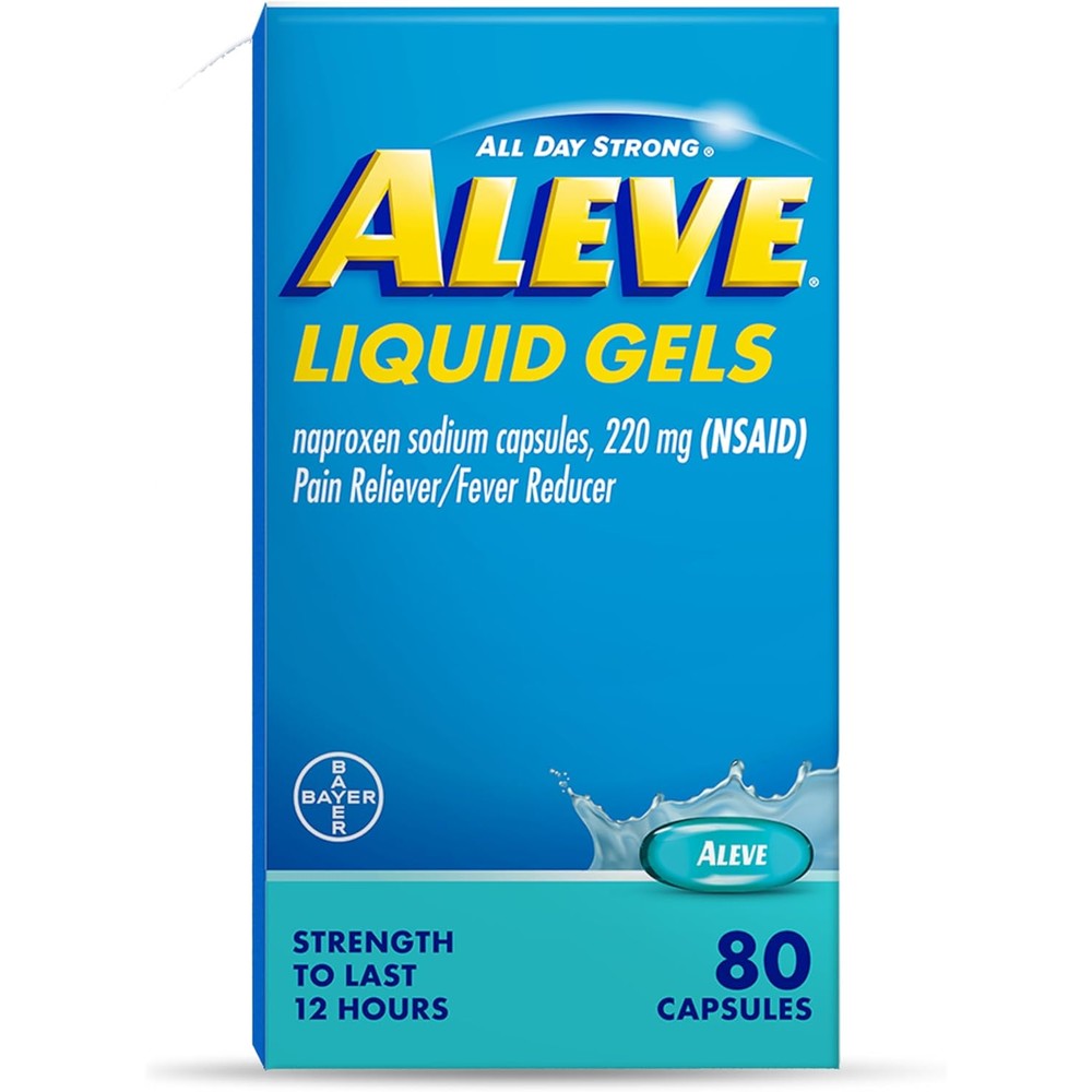 Aleve Pain Reliever Liquid Gels 80 count front packaging for long lasting body ache relief.