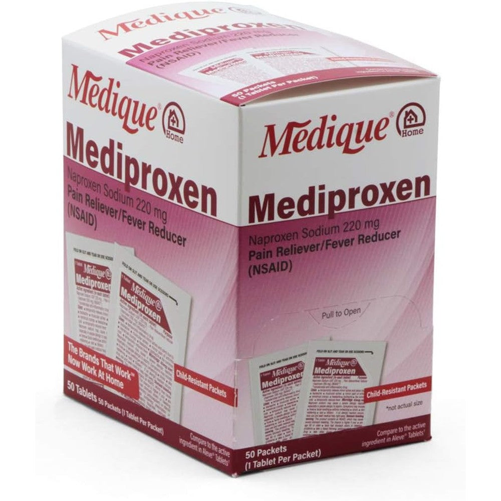 Medique At Home Mediproxen 50 count box front view showing child resistant single dose packets