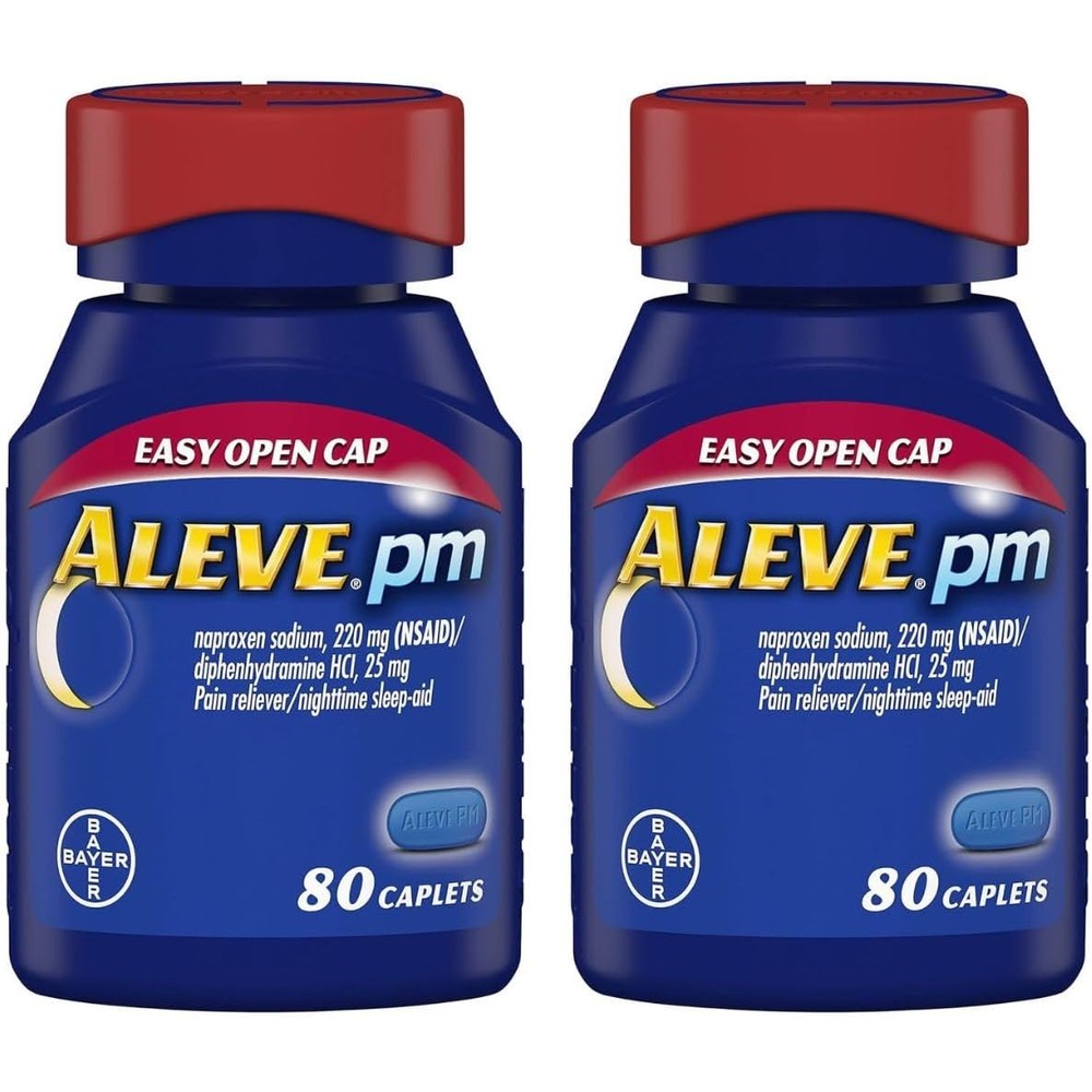 Aleve PM Easy Open Cap 80 count pack of 2 front view showing the nighttime sleep aid bottle