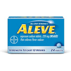 Aleve Naproxen Sodium 220mg front package view for long lasting pain relief