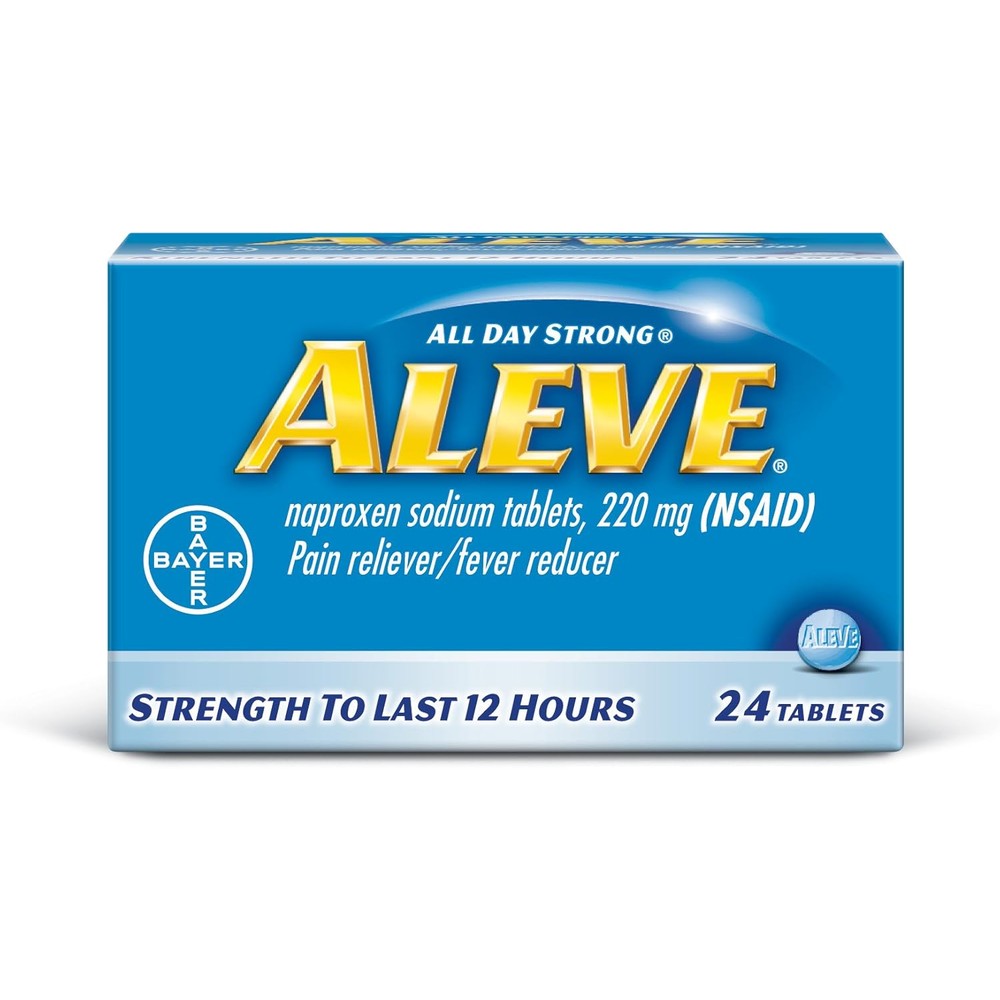 Aleve Naproxen Sodium 220mg front package view for long lasting pain relief