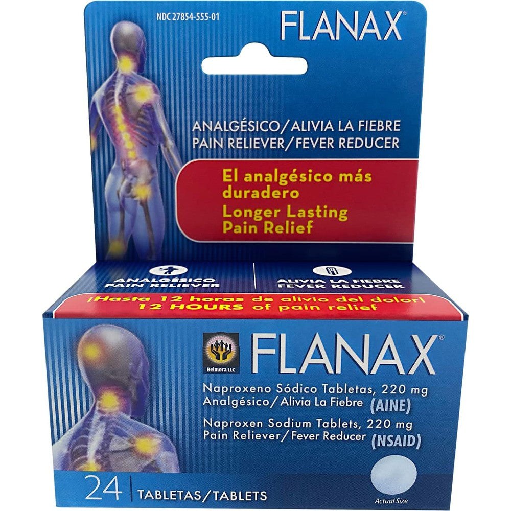 Flanax Pain Reliever and Fever Reducer 220mg 24 Tablets front view for long lasting relief.