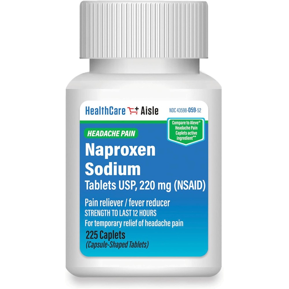 HealthCareAisle Naproxen Sodium 220 mg 225 caplets bottle front view for headache pain relief