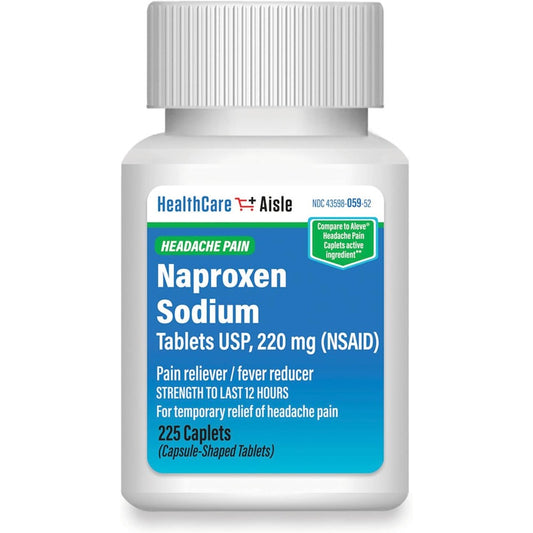 HealthCareAisle Naproxen Sodium 220 mg 225 caplets bottle front view for headache pain relief