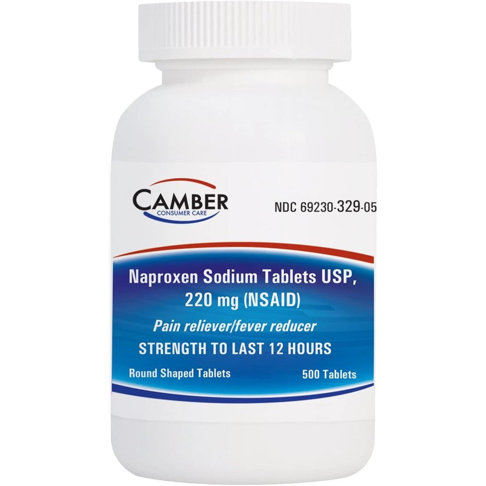 Camber Pharmaceuticals Naproxen Sodium 220 mg 500 count bottle front view showing product labeling