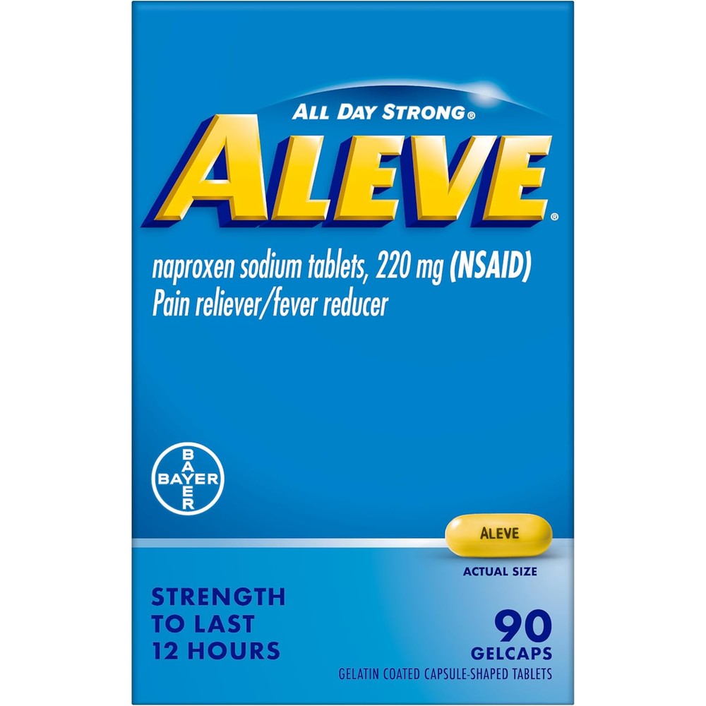 Aleve pain reliever gelcaps front view package showing 90 count bottle