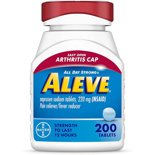 Aleve Easy Open Arthritis Cap 200 tablets bottle front view showing the cushioned cap