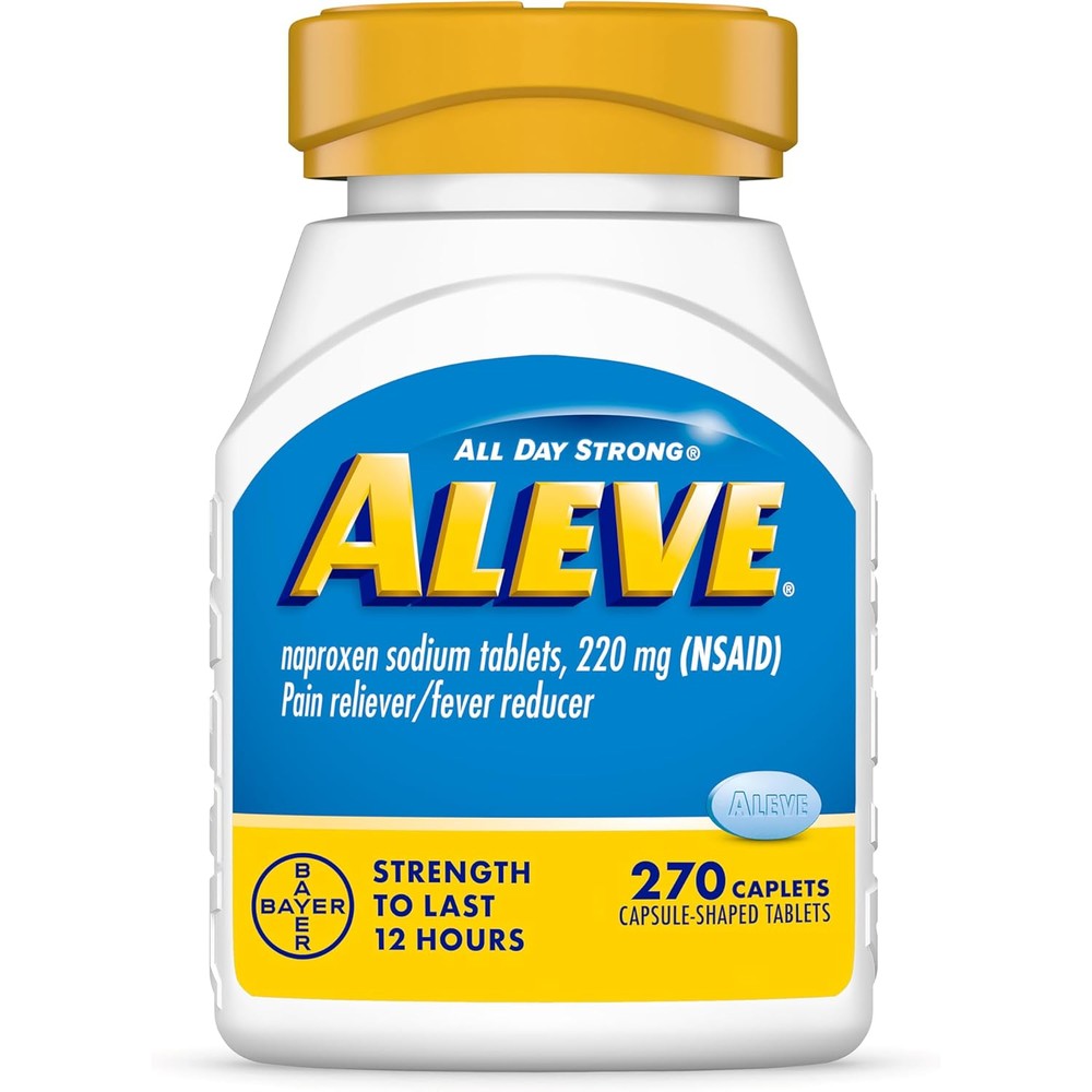Aleve Pain Reliever and Fever Reducer front bottle view for 12 hour body pain management.