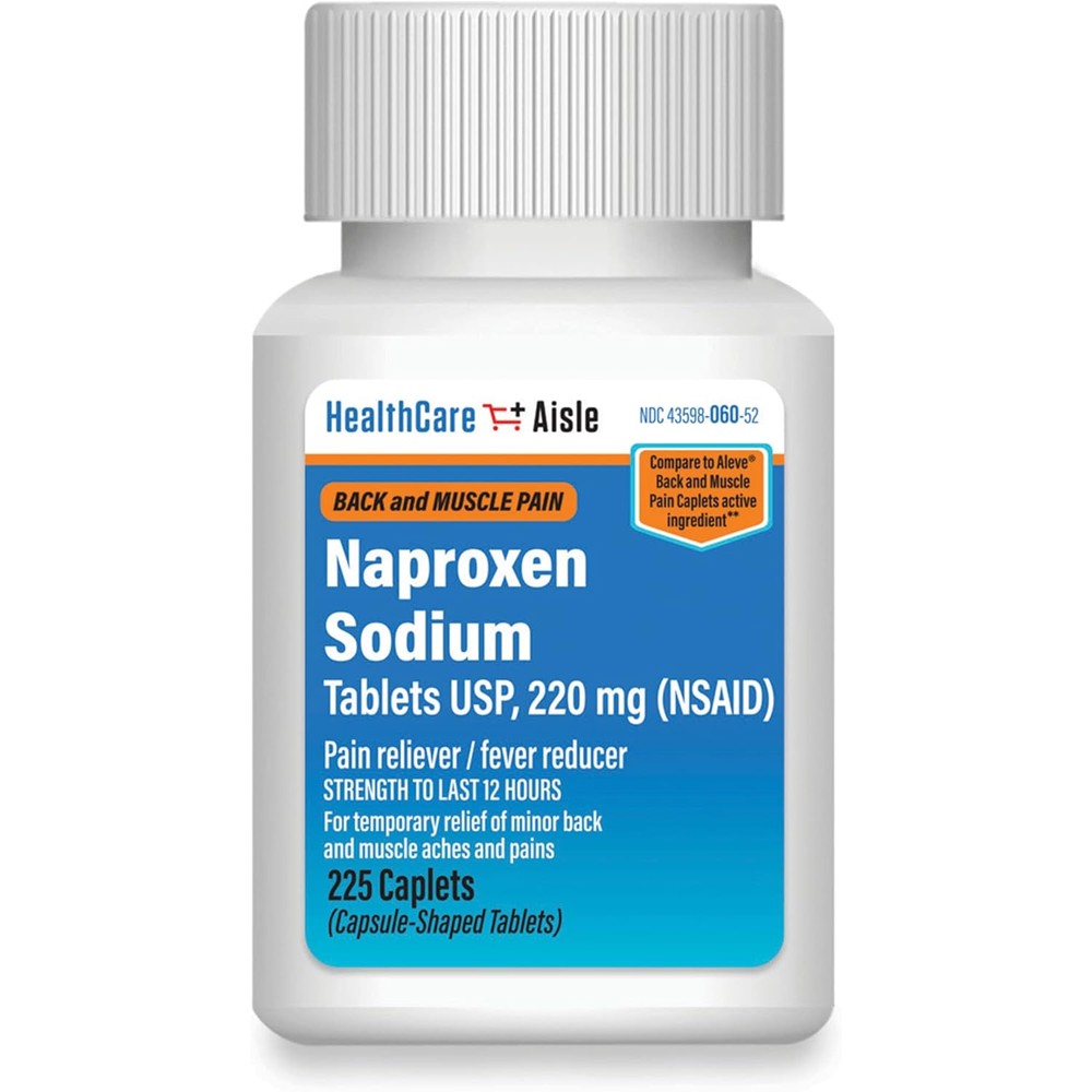 HealthCareAisle Naproxen Sodium two hundred and twenty five caplets bottle front view showing pain relief label