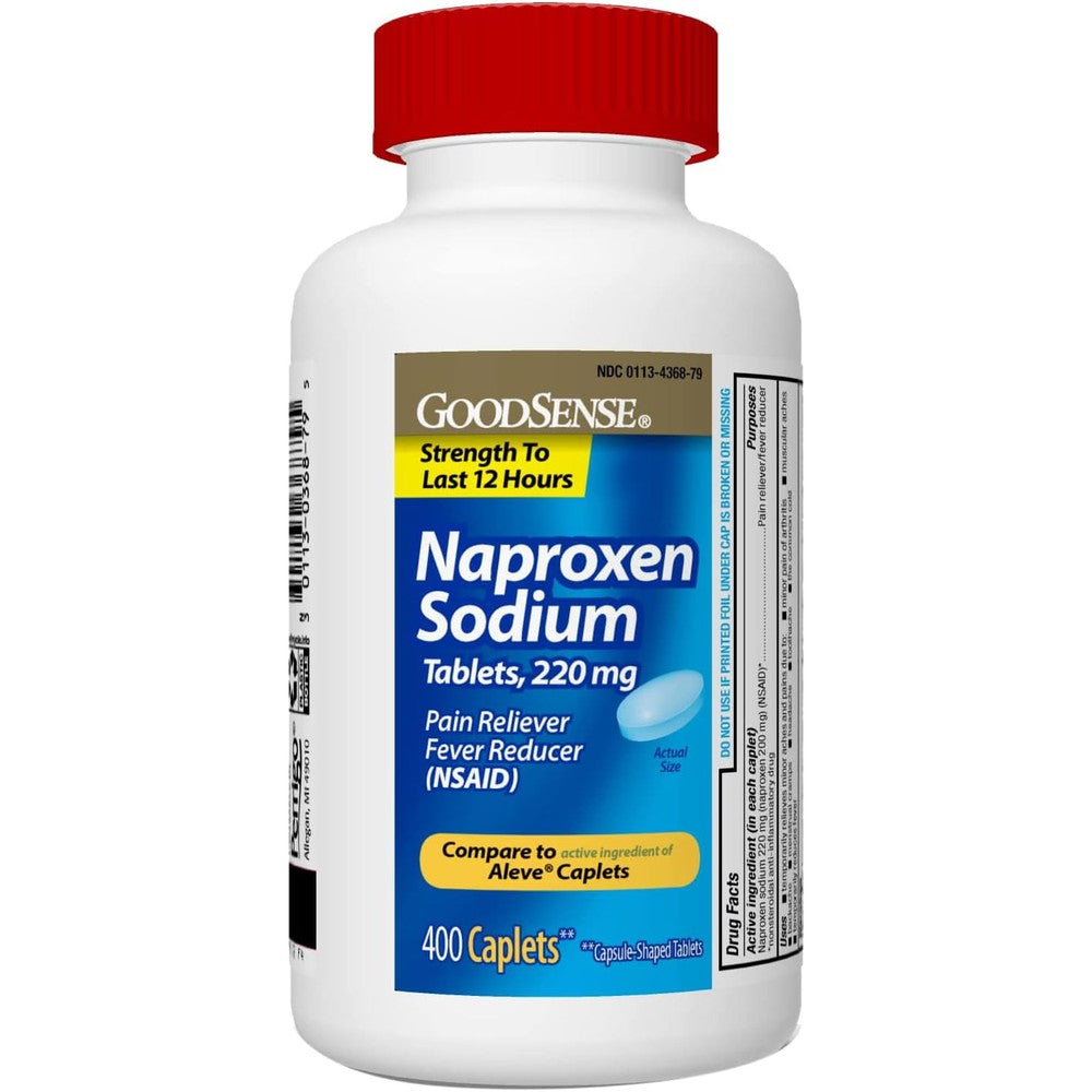 GoodSense Naproxen Sodium Tablets 220 mg front view bottle showing 400 count size for long lasting pain relief