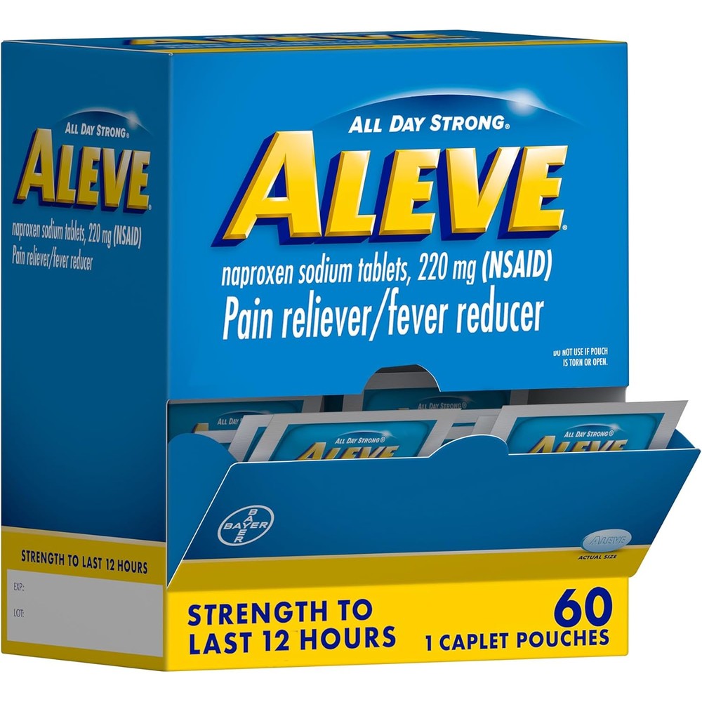 Aleve Naproxen Sodium Pain Reliever front view of sixty pouch dispenser box