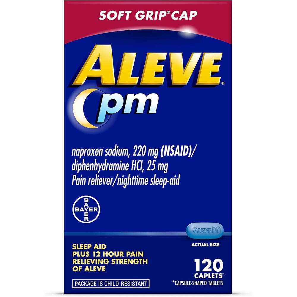 Aleve PM Sleep Aid Plus Pain Reliever Caplets 120 count bottle front view