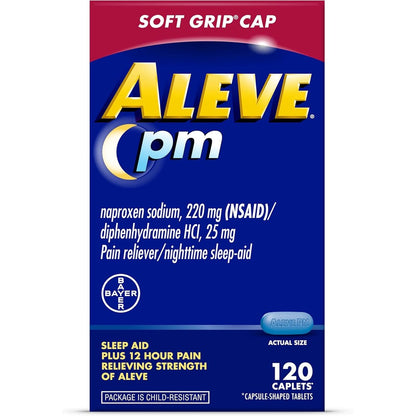 Aleve PM Sleep Aid Plus Pain Reliever Caplets 120 count bottle front view