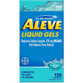 Aleve Liquid Capsules 120 Count bottle front view showing authentic packaging for long lasting pain relief.