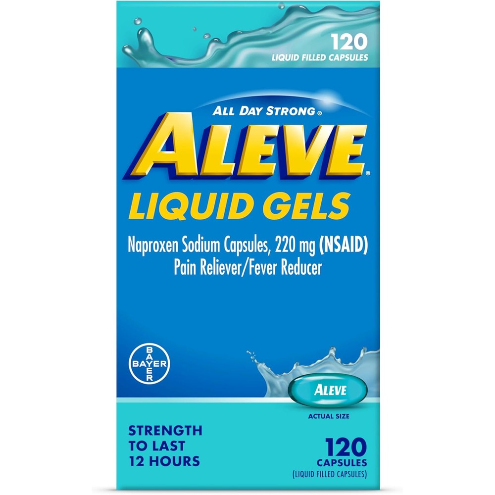 Aleve Liquid Capsules 120 Count bottle front view showing authentic packaging for long lasting pain relief.