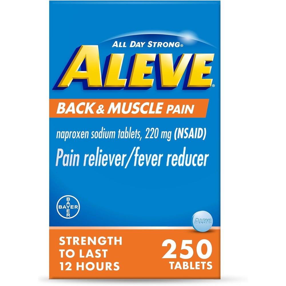 Aleve Back and Muscle Pain Relief 250 count bottle front view for imported healthcare
