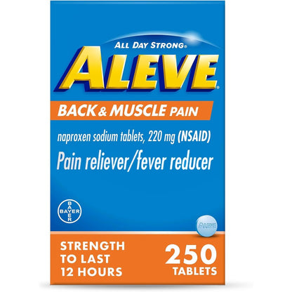 Aleve Back and Muscle Pain Relief 250 count bottle front view for imported healthcare