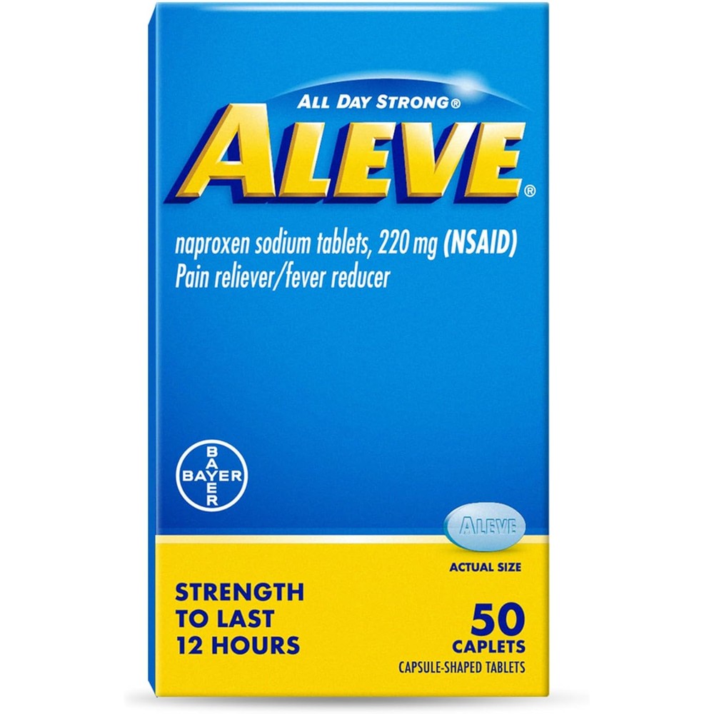 Aleve Pain Relief Naproxen Sodium Caplets 50 Count front view package showing twelve hour strength labeling.