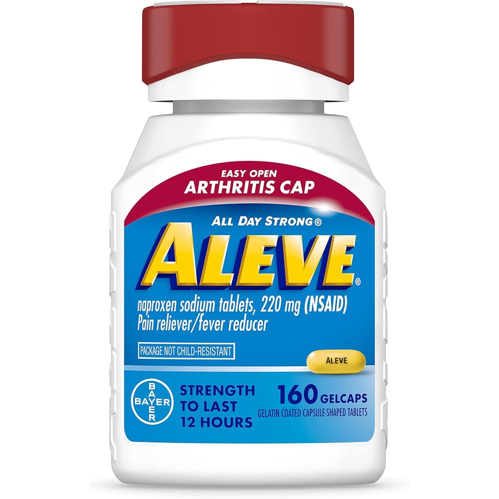 Aleve Gelcaps with Easy Open Arthritis Cap 160 count front bottle view showing naproxen sodium 220 mg label