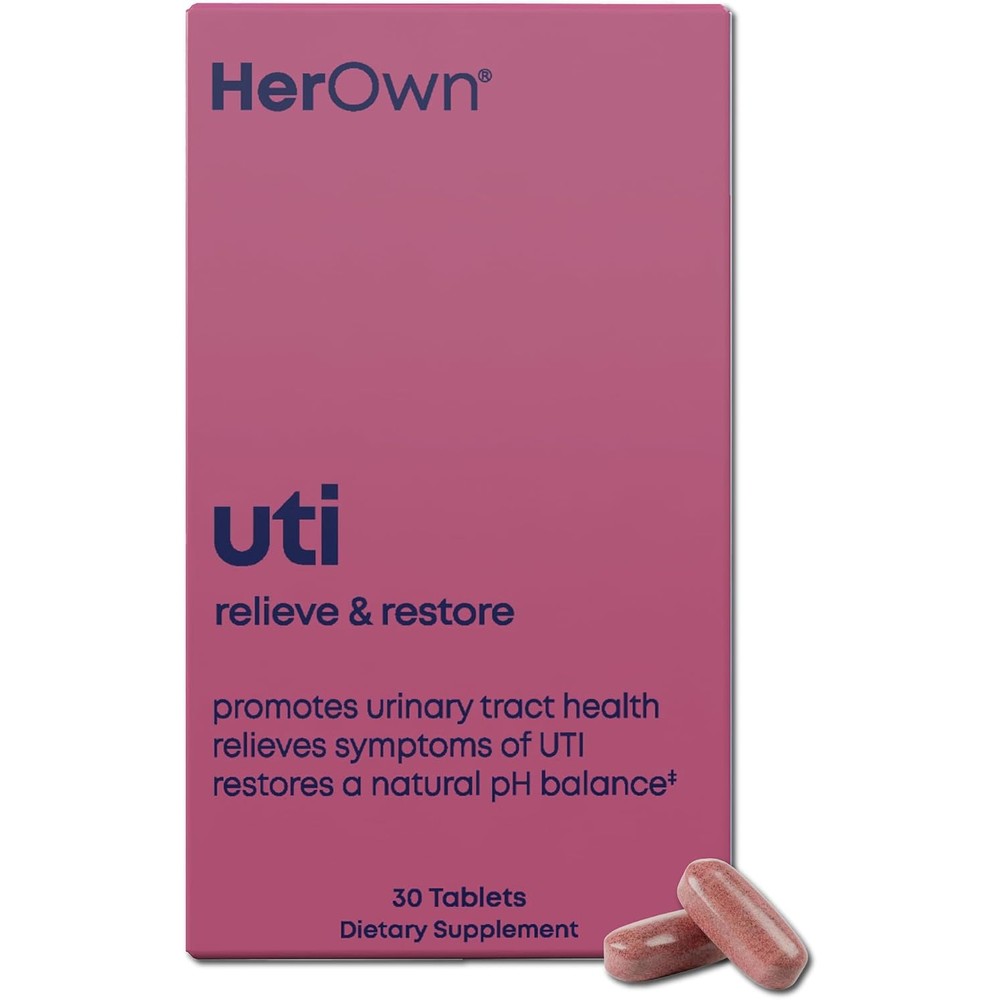 Her Own UTI Relieve and Restore 30 capsules front view packaging for women's urinary health.