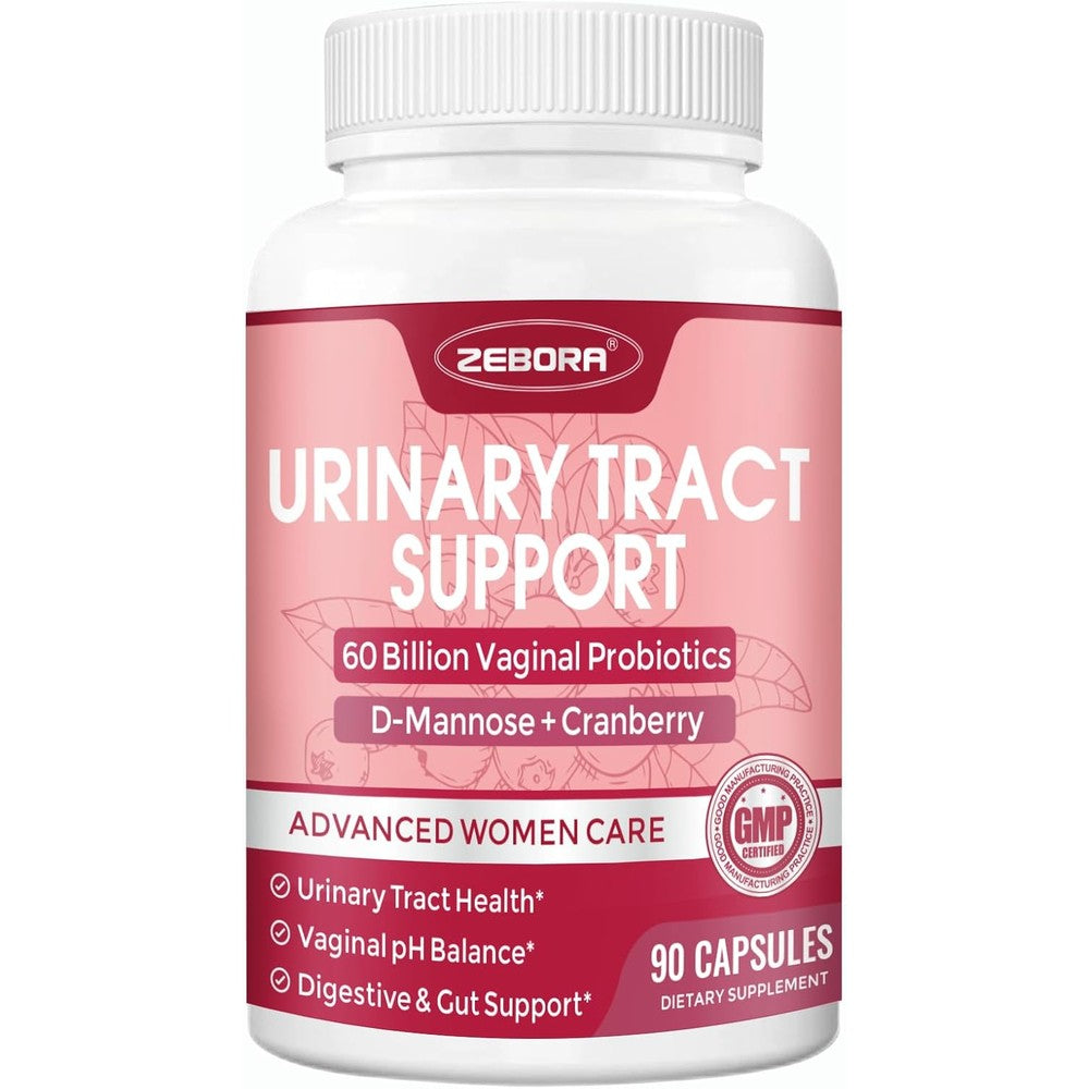 ZEBORA Urinary Tract Health for Women 90 capsules front view bottle showing 60 billion probiotics formula.