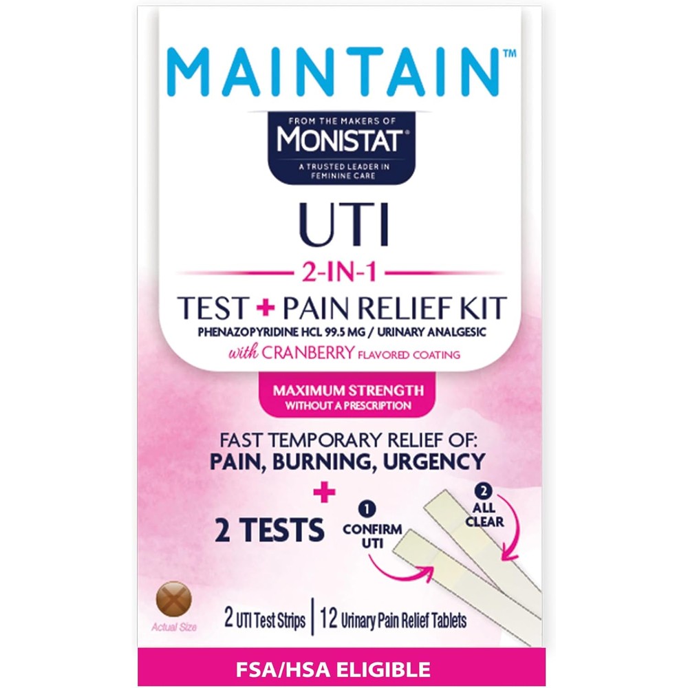 Monistat Maintain UTI 2-in-1 Test and Pain Relief Kit retail box front view showing product details