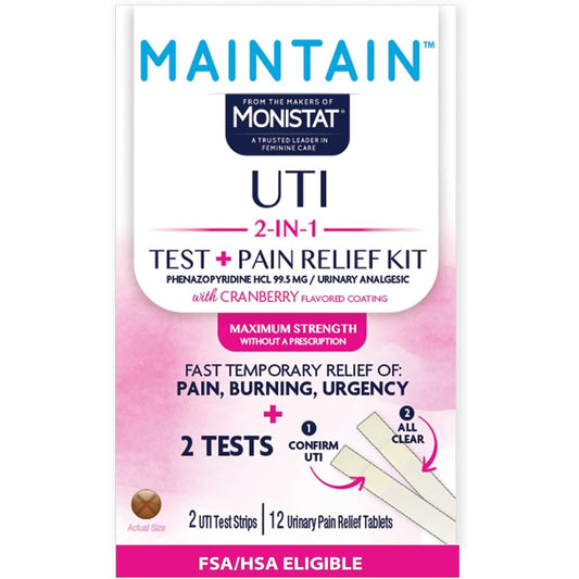 Monistat Maintain UTI 2-in-1 Test and Pain Relief Kit retail box front view showing product details